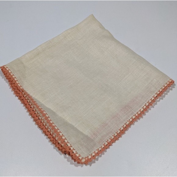 Unbranded Accessories - Vintage Handkerchief Hanky Peach Crochet Border Pocket Scarf Handmade 11.5 inch